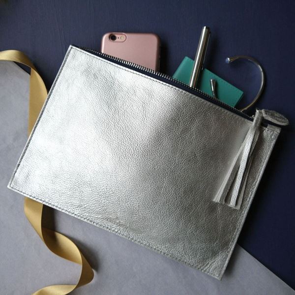 Silver and Navy Leather Clutch