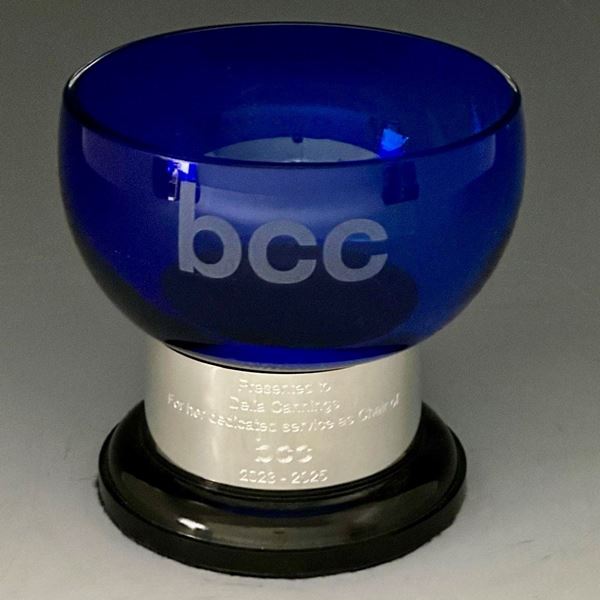 Cobalt Blue Bowl on a plinth with company logo